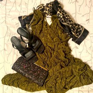 Medium Formal Olive Green Pleated Dress